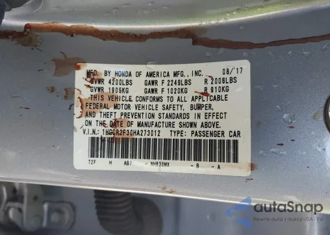 2017 Honda Accord Lx from USA, damaged, VIN 1HGCR2F30HA273012